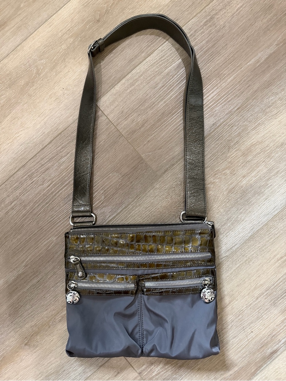 Brighton pewter grey crossbody shoulder handbag croc accent